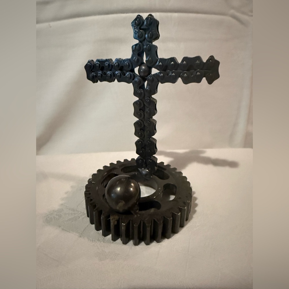 Industrial Metal Cross Sculpture Handmade Cross Made From A Gear And Chain